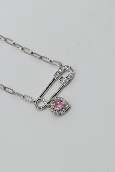 TAKIBOX Steel Pink Heart Dangle Hairpin Necklace