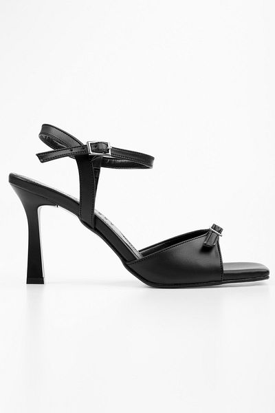 Shoeberry Women's Lucien Black Skin Belt Buckle Heeled Shoes