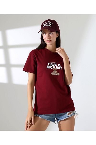 ribana Women's Front and Back Teddy Bear Printed Crew Neck T-Shirt