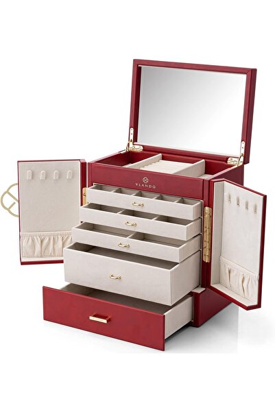 VLANDO 5 Katlı Takı Kutusu Ayna ve Çekmeceli Deri Takı Organizer Kadın Hediye