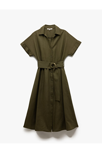 Koton Rochie cămașă oversize cu mânecă scurtă, cu curea, amestec de in și viscoză