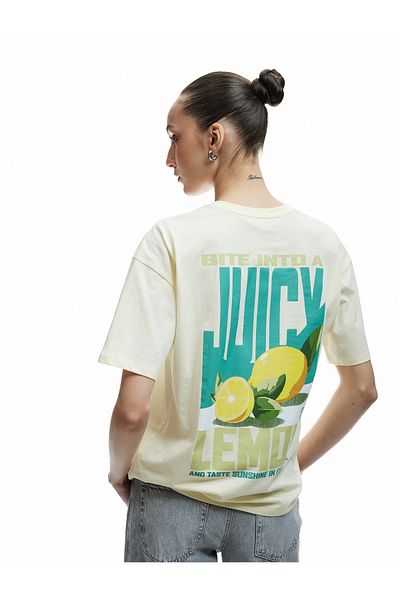 Koton Cotton Short Sleeve Crew Neck Back Fruit and Lemon Printed T-Shirt