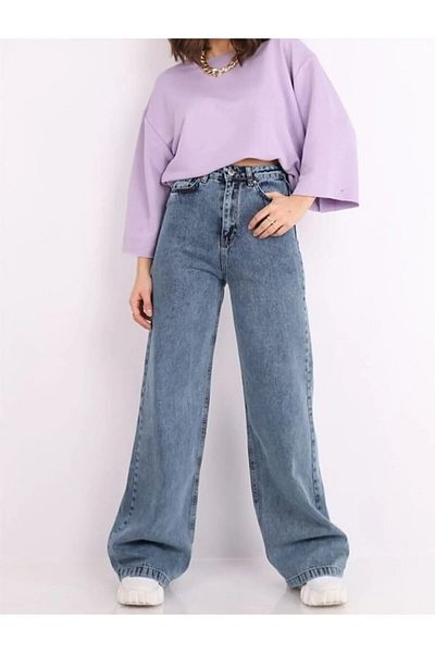 LİMABEL Diamondkar Wash Blue Lycra Super Extra High Waist Palazzo Loose Jean Pants