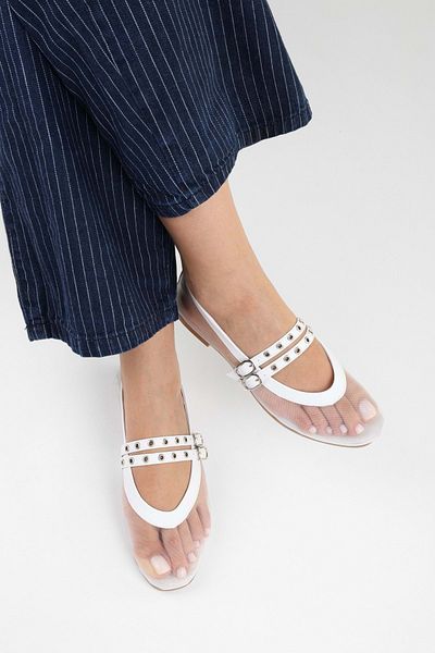 Shoeberry Women's Melu White Tulle Double Buckle Ballerinas