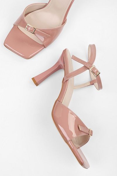 Shoeberry Women's Lucien Powder Patent Leather Belt Buckle Heeled Shoes