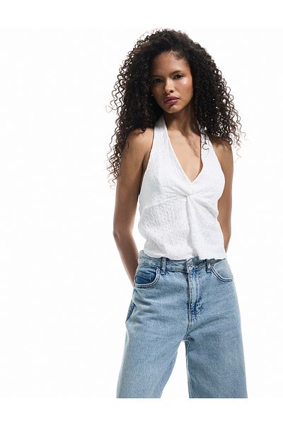 Koton Double Breasted V Neck Shirred Slit Detailed Wrap Crop Top