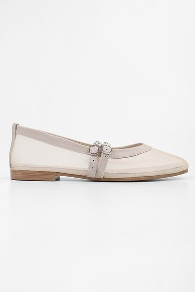 Shoeberry Women's Melu Ecru Tulle Double Buckle Ballerinas