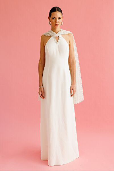 Nefeli Dantel Pelerinli İşleme Detaylı Abiye Elbise