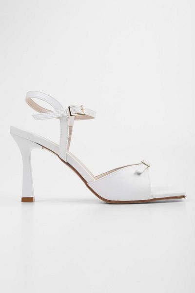 Shoeberry Women's Lucien White Skin Belt Buckle Heeled Shoes