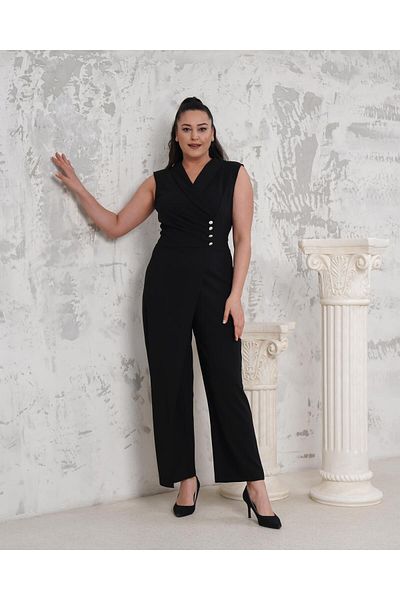Butik Nilyam Γυναικεία βραδινή φόρμα με μεγάλο μέγεθος με διπλό γιακά και κεντημένο σταυρωτό κομμάτι 24733