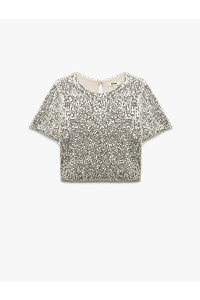 Koton Βραδινό φόρεμα μπλούζα με κοντό μανίκι με λαιμόκοψη με παγιέτες