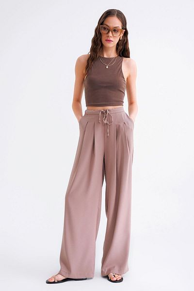 Mixray Γυναικείο δεμένο παντελόνι Palazzo Milk Brown 4681 Μοντέλο Διπλό Πλισέ