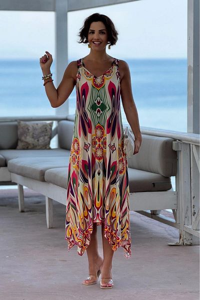 Nevin Kaya Moda Βαμβακερό φόρεμα με λουράκι - κρεμ, στάμπα ονείρου και αγκράφα