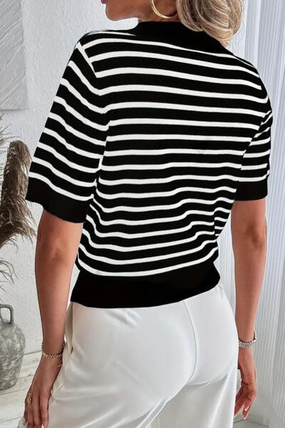 Mossta Polo Neck Striped Knitwear Blouse Black
