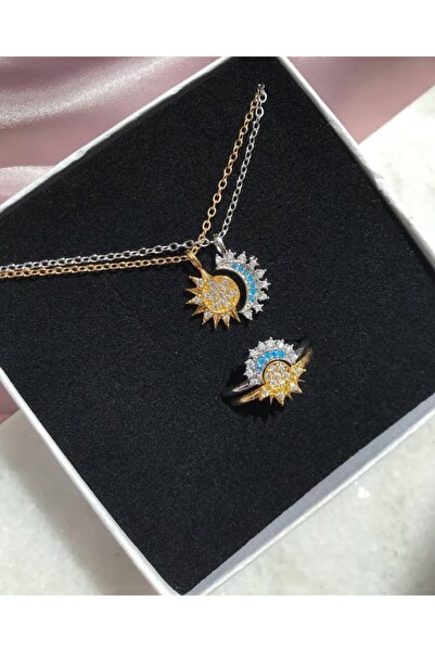 ganispe Anneler Gününe Özel Çelik Ay Ve Güneş Tamamlanan Sevgili - Çift Kolyesi Ve Çift Yüzük 4 Adet