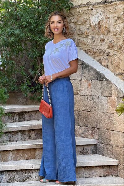 Nevin Kaya Moda Pantaloni Palazzo albaștri