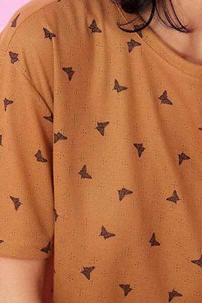 Siyah İnci Coffee Butterfly Pattern Pointel Openwork/Hole Crew Neck Knitted Pajama Suit