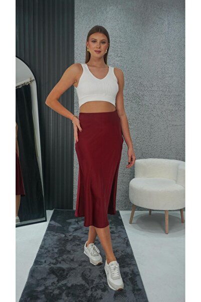 Neva Wear Women's Burgundy Satin A-Line Midi Skirt