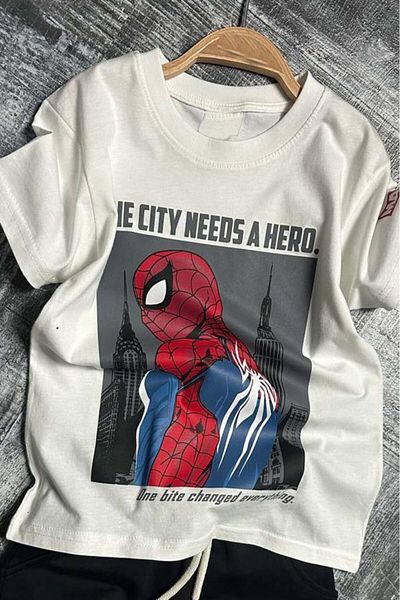 Riccotarz Boy's Spiderman Character and Text Printed T-Shirt Rope Detailed Black Shorts Suit