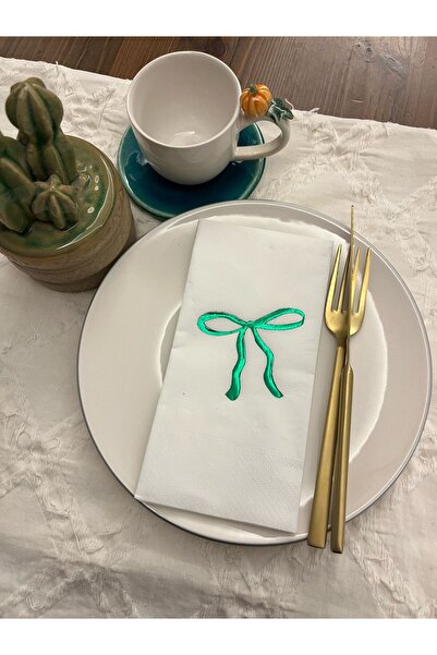 kidspartim Yeşil Yaldızlı Beyaz Fiyonk Baskılı Garson Katlama Peçete 16 Adet