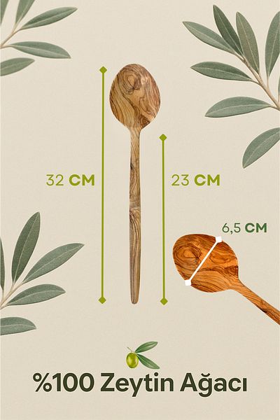 Ülgenev Set of 2 Olive Tree Spoons 32 and 23 cm Handmade, Natural, Non-Scratching, Serving and Rice Spoon