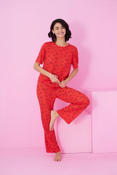 Siyah İnci Red Black Heart Pattern Pointel Openwork/Hole Crew Neck Knitted Pajama Suit