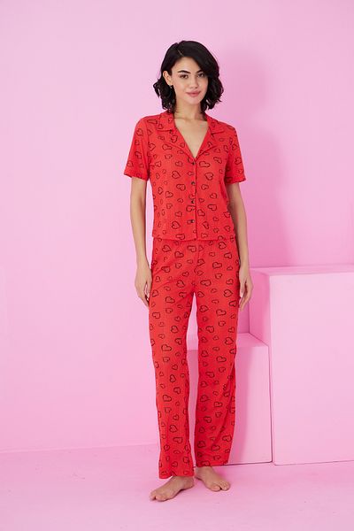 Siyah İnci Red-Black Heart Pattern Pointel Openwork Pajama Set