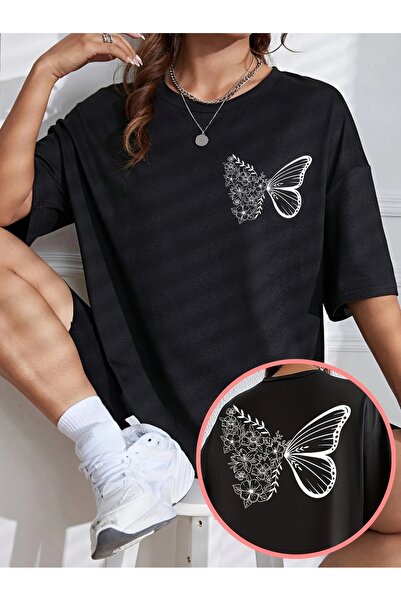 LAND MODA Tricou negru supradimensionat pentru femei, design complex de flori...