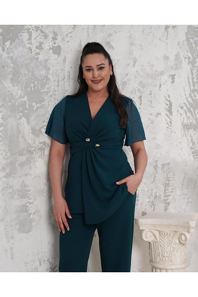 Butik Nilyam Women's Plus Size Double Breasted Collar Chiffon Sleeve Button Detail Blouse Elastic Waist Pants Set 24724