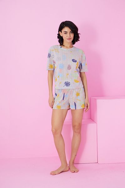 Siyah İnci Gray Colored Patterned Pointel Openwork/Hole Crew Neck Knitted Shorts Suit
