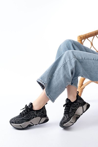İnfon Ayakkabı Marketi Sports Shoes Rs-402 Black Lace-Up Mesh Stone Platinum Sole Casual Women's Sports