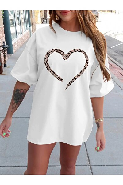 LAND MODA Casual Leopard Heart printed μπλουζάκι με πτώση ώμου για γυναίκες, ...