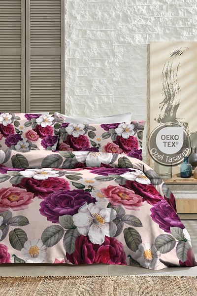 MonoHome 100% Cotton Satin Double Duvet Cover Set with Elastic Sheets Rose Nevcover