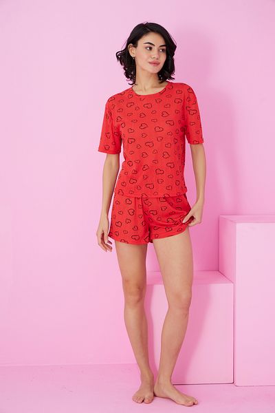 Siyah İnci Red Black Heart Pattern Pointel Openwork/Hole Crew Neck Knitted Shorts Suit