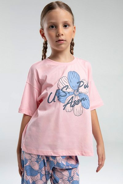 U.S. Polo Assn. Girl's Salmon Flower Patterned Pajamas Set P.O.R.O.Z.2.0.7.E.L.7,T.