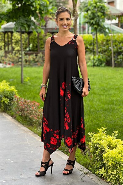 Nevin Kaya Moda Ateş Çiçeği Desenli Askılı Elbise