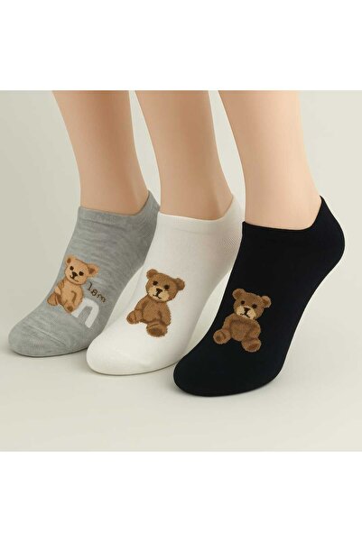 çs socks 3 ÇİFT AYI DESENLİ PAMUKLU PATİK ÇORABI ESNEK LASTİKLİ