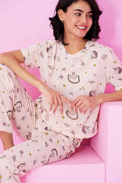 Siyah İnci Salmon Unicorn Patterned Pointel Openwork/Hole Crew Neck Knitted Pajama Set