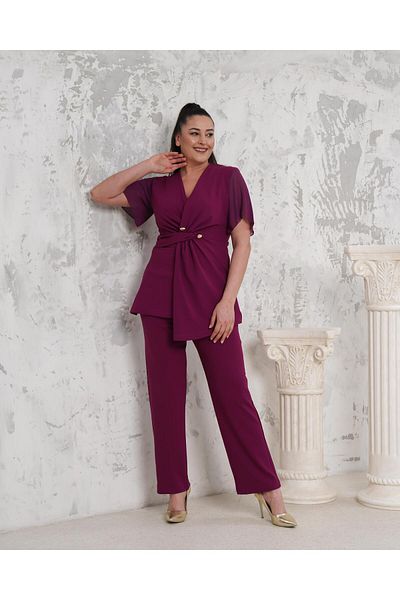 Butik Nilyam Set de pantaloni pentru femei de mărime mare, cu rever dublu, cu mâneci din șifon, cu detaliu cu nasturi, bluză cu talie elastică 24724