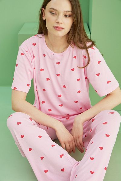 Siyah İnci Pink Heart Printed Ribbed Camisole Knitted Pajama Set