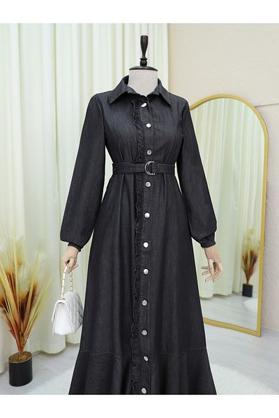 Modamorfo Anthracite Buttoned Ruffled Belted Piece Denim Dress