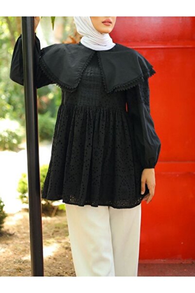 Modamorfo Чорна туніка з коміром, гумкою на талії та кишенями