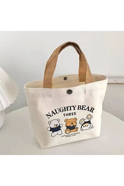 ByLily Cute Naughty Bear Three , White Tote Bag Stylish Cartoon Bear Design