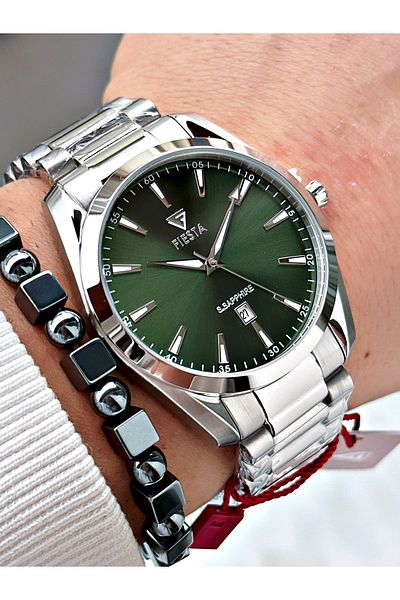 Fiesta Silver Silver Color Steel Case Cord Men Wrist Watch + Bracelet