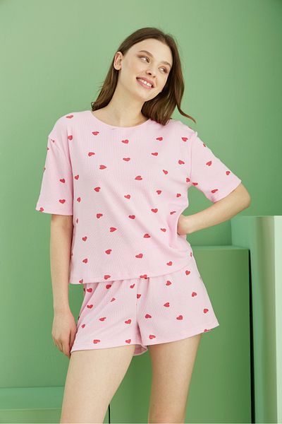 Siyah İnci Pink Heart Printed Ribbed Camisole Knitted Shorts Set