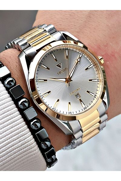 Fiesta Gold Silver Silver Color Steel Case Cord Men's Wrist Watch + Bracelet