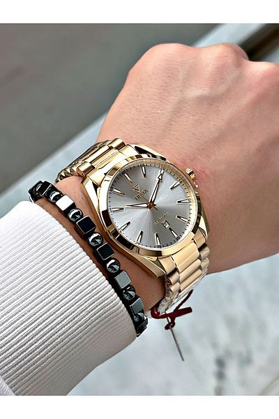 Fiesta Gold Silver Color Steel Case Cord Men Wrist Watch + Bracelet
