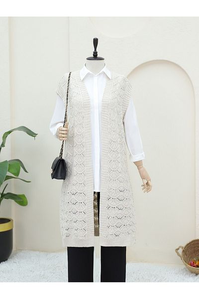 Modamorfo Long Knitwear Vest Openwork Stone Model