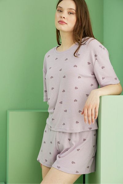 Siyah İnci Lilac Heart Printed Ribbed Camisole Knitted Shorts Set