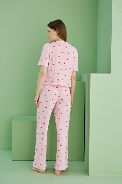 Siyah İnci pembe kalp baskılı Fitilli Kaşkorse Örme Düğmeli Gömlek Yaka Pijama Takım